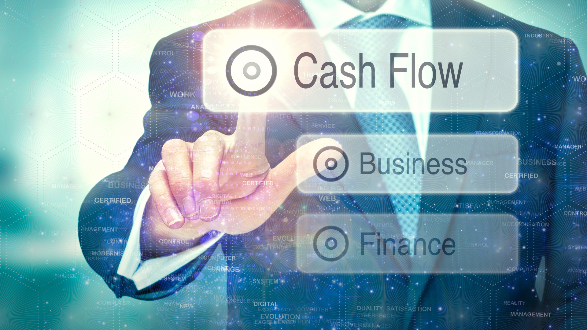 A man in a business suit pressing a cash flow button